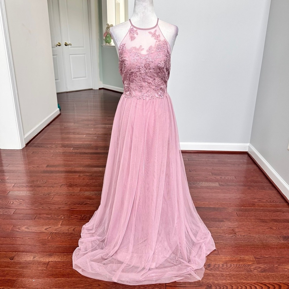 Celebrate by Db Studio Mauve High Neck Floral Lace Sheer Feminine Gown Dress